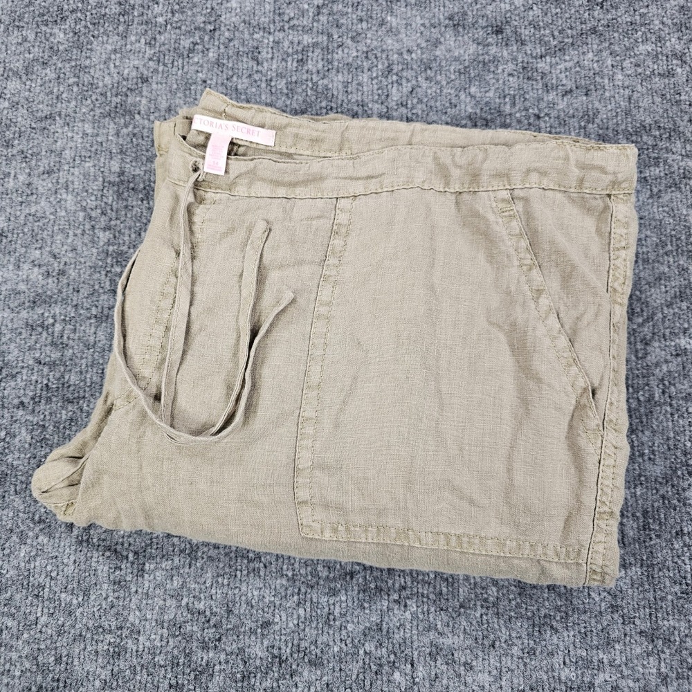 Victoria's Secret Linen Pants Womens 14‎ Regular Tan Drawstring Wide Leg Beach